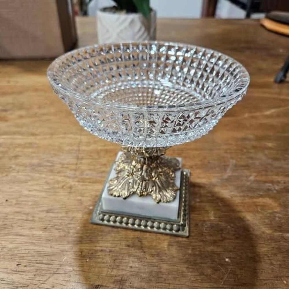 Vintage Crystal Compote Bowl with Marble and Brass Pedestal Base